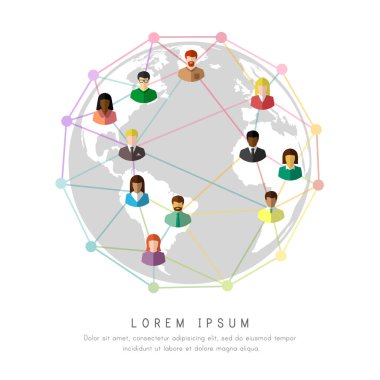 Dünyanın dört bir yanında birbirine bağlanan çok ırklı insanlar. Ağ ve teknoloji konsepti olarak doğrular ve noktalar.
