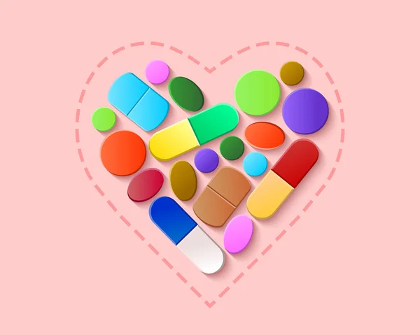 Pastillas Tabletas Cápsulas Coloridas Dispuestas Forma Corazón Sobre Fondo Rosa — Archivo Imágenes Vectoriales