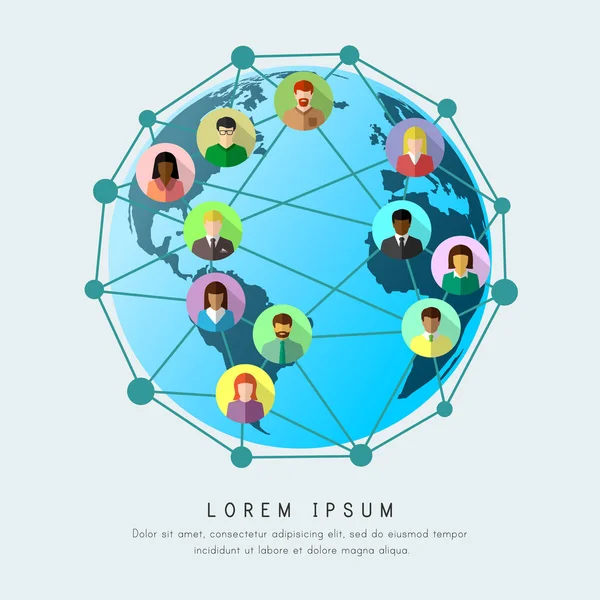 商业全球化和与互联世界的全球联网概念 平面设计中的地球和不同族裔的人 — 图库矢量图片