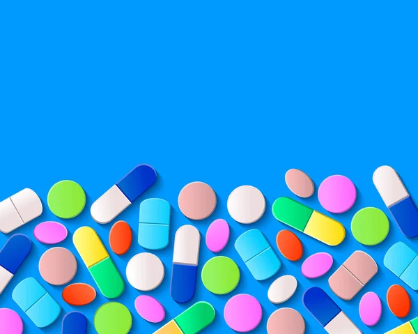 Різні Таблетки Таблетки Капсули Синьому Фоні Концепція Фармацевтичної Медицини — стоковий вектор