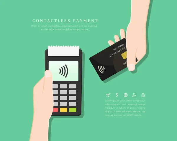 Pago Sin Contacto Con Terminal Pos Tarjeta Mano Diseño Plano — Vector de stock