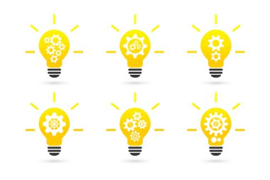 Dişli tekerlek konsepti olan parlak ampul. Simge ayarlandı.