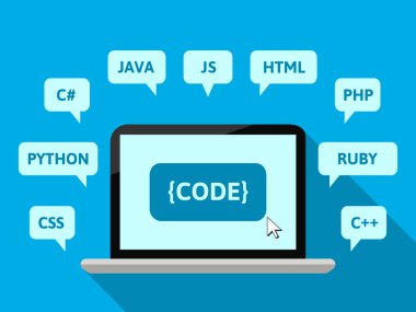 Css, Python, C #, Java, Javascript, Html, Php, Ruby, C + + ile programlama ve kodlama kavramı. Düz tasarımda vektör illüstrasyonu.