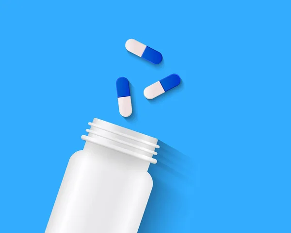 White Blue Capsules White Pill Bottle Blue Background — 스톡 벡터