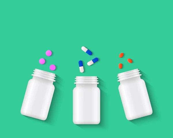 Таблетки Таблетки Капсули Пляшками Білими Таблетками Зеленому Тлі Концепція Фармацевтичної — стоковий вектор