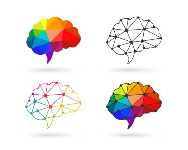 Renkli düşük poli dizaynlı beyin simgesi seti ve bağlayıcı çizgiler ve noktalar