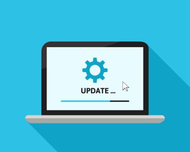 Update concept with loading bar and gear symbol. System or software updating with upgrade progress bar on laptop screen. Vector illustration in flat design. clipart
