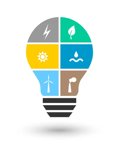Лампочка Зеленой Энергией Связанных Электричеством Значков Внутри Молния Лист Солнце — стоковый вектор