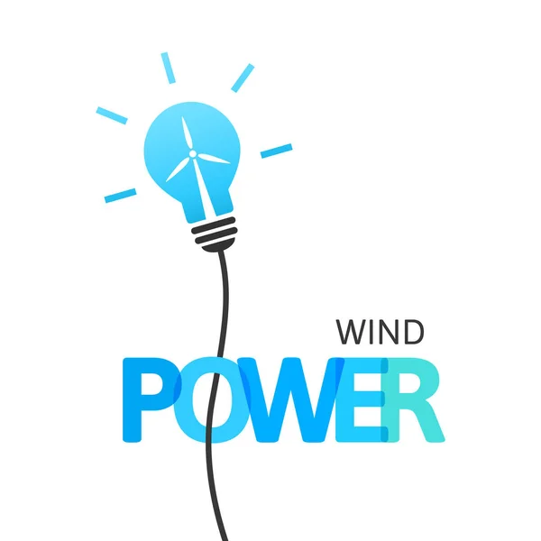 Koncepcja Energii Wiatrowej Żarówką Turbiną Wiatrową Wewnątrz Zintegrowany Tekst Liternictwo — Wektor stockowy