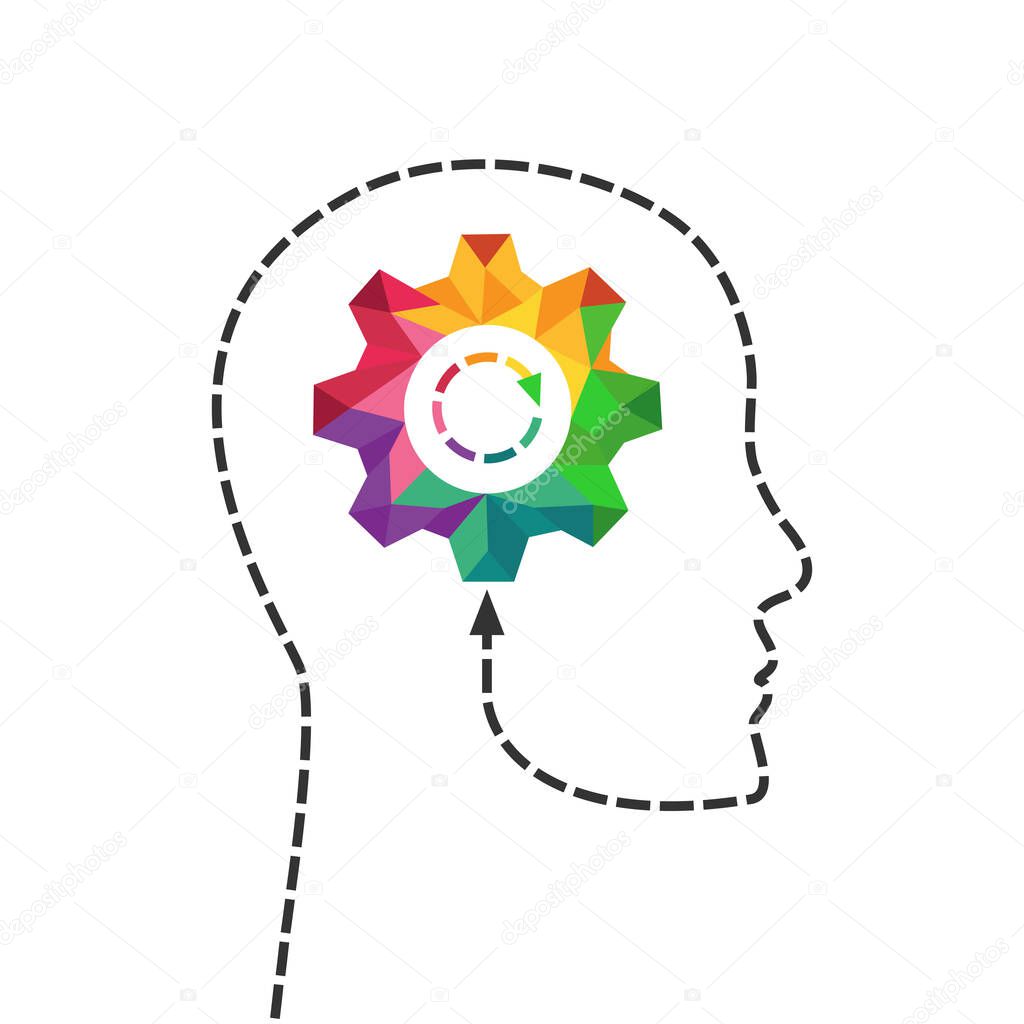 Creative thinking and learning concept with colorful gear and human profile silhouette made of dashed line