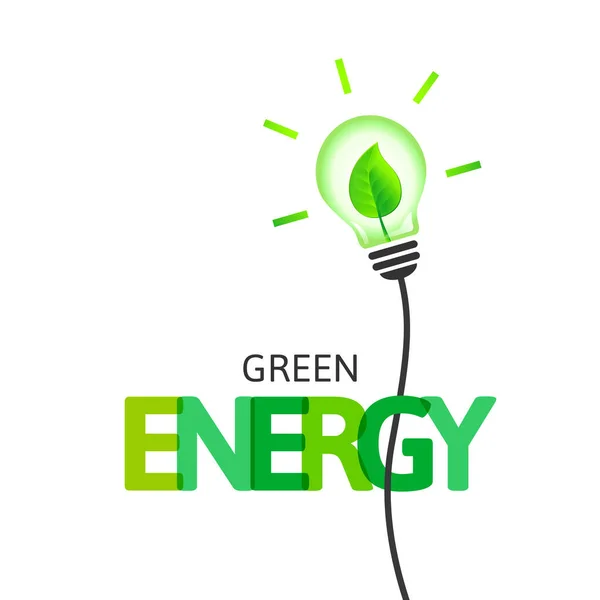 電球と葉の中で緑のエネルギーの概念 多重ブレンドモードでのテキストとレタリングの統合 — ストックベクタ