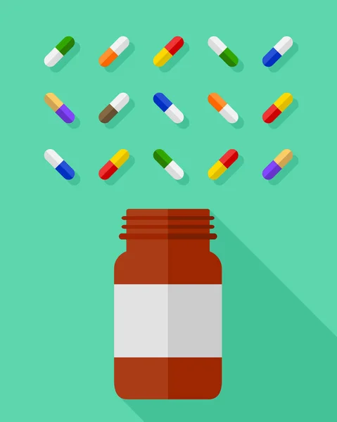 Χάπι Μπουκάλι Και Μια Ποικιλία Από Χάπια Πολύχρωμα Και Κάψουλες — Διανυσματικό Αρχείο