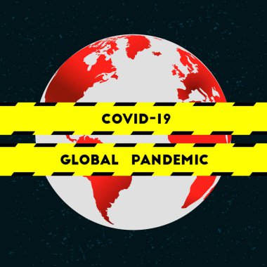 COVID-19 ve küresel pandemik konsept olarak dünya. Dünya 'nın her yerinde koronavirüs ve salgın hastalıklar var. Karantina sembolü olarak barikat bantları ve uyarı çizgileri.