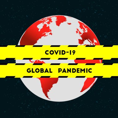 COVID-19 and globe as global pandemic concept. Coronavirus and epidemics all around the planet Earth. Barricade tapes and warning stripes as quarantine symbol. clipart