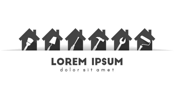 İş aletleri ve ev geliştirme konsepti. Evlerin içinde dönen çalışma aracı simgeleri. Düz tasarımda vektör illüstrasyonu.