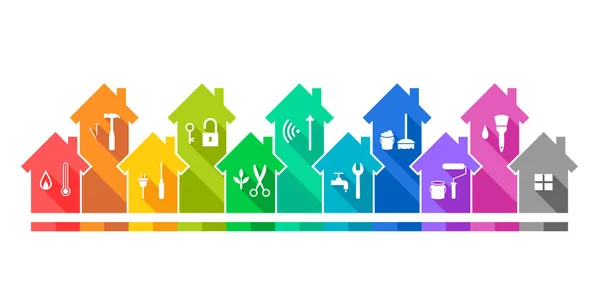 Casas Herramientas Trabajo Relacionadas Diseño Plano Colorido Conjunto Edificios Casas — Vector de stock