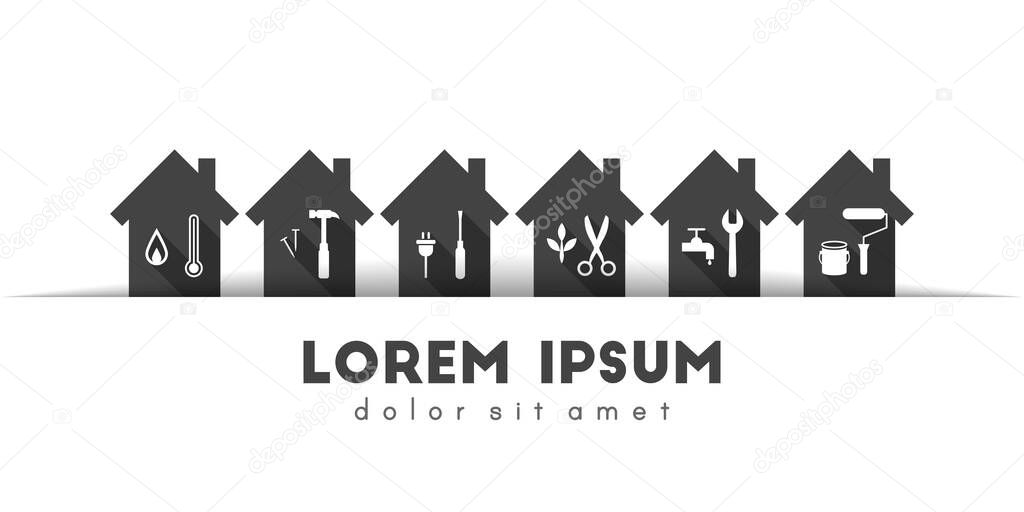 Facilities management concept with set of houses and tools