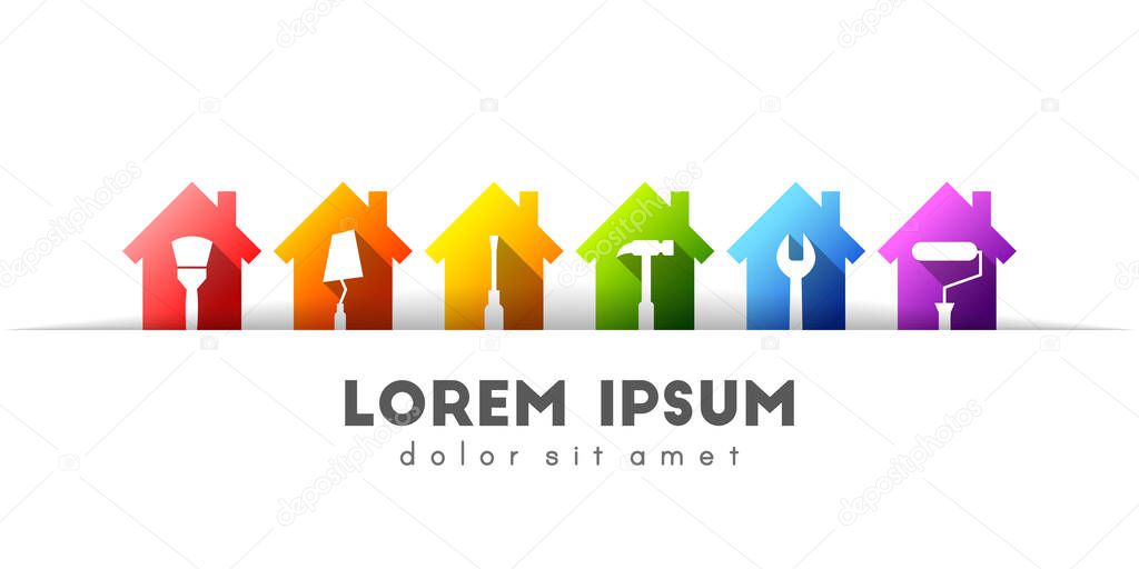 House and work tool set. Home improvement, maintenance and repair concept. Banner or upper border and tucked design..