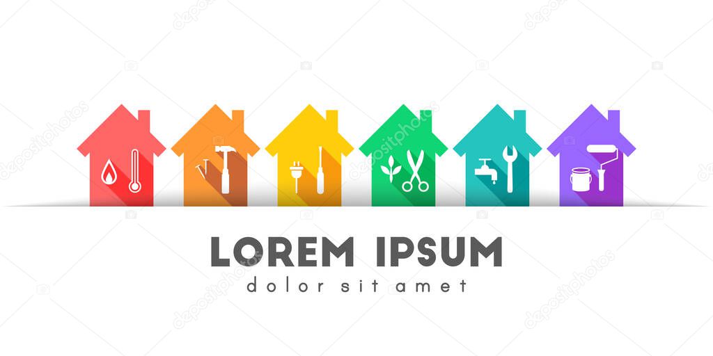 House and home set with work tools concept in colorful flat design. Tucked paper pocket design on white background.