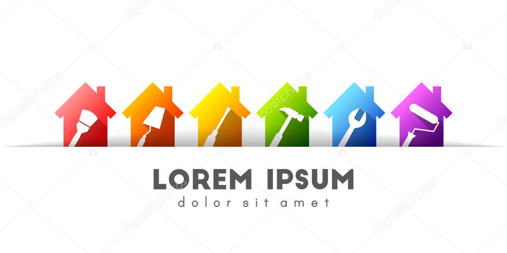 Work tools and colorful house set concept. Working tool icons tilted sideways. Tucked paper pocket design on white background.