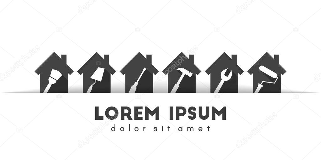 Work tools and home improvement concept. Rotated working tool icons inside the houses. Vector illustration in flat design.