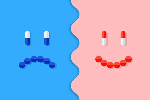 Pillen Und Medikamente Arrangiert Als Traurige Und Glückliche Gesichter Trauriger — Stockvektor