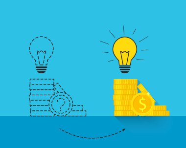 Fikir olarak bozuk para ve ampul yığını, iş ve finans kavramı. Noktalı çizgiler başarıdan sonra somutlaşıyor.