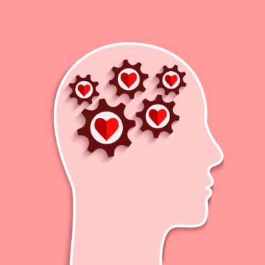 Akıl sağlığı ve duygusal refah kavramı. Beyin ve zihin sembolü olarak içinde kalp şekilleri olan insan kafası ve dişliler..
