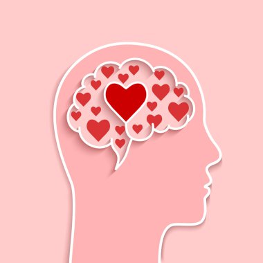 Aşk konsepti olarak kalpler olan kafa ve beyin silueti