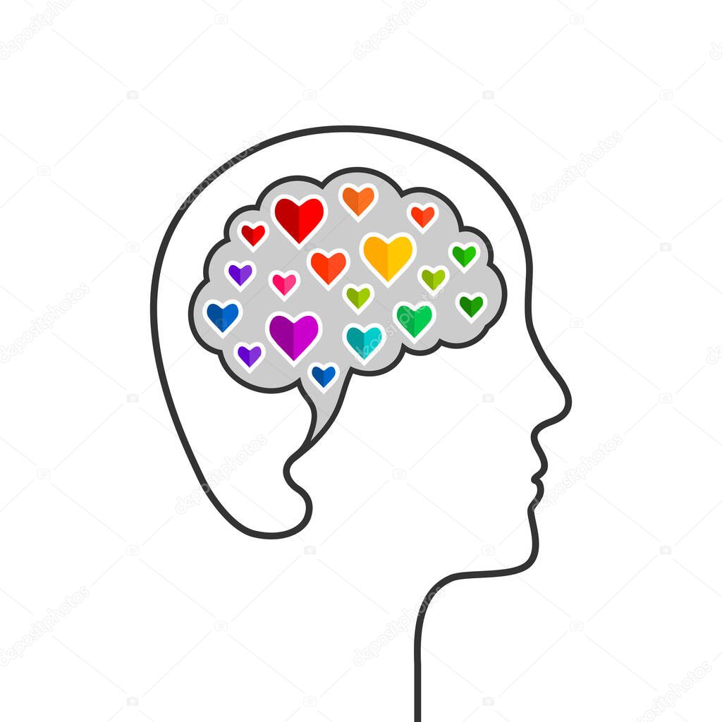 Head and brain silhouette with colorful hearts. Various colours as range of emotions, emotional intelligence or mental health concept. Vector illustration isolated on white background.