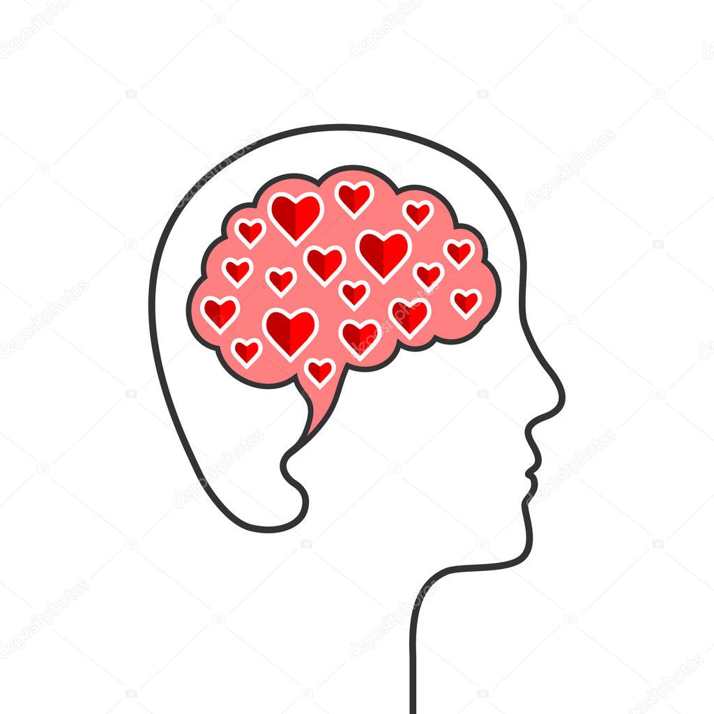 Profile and brain outline with red heart shapes inside