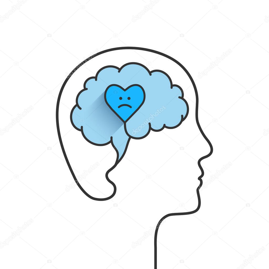Anxiety concept with head, brain and heart silhouette. Heart shape with sad face due to anxious emotions, distress, inner turmoil and feeling worried. Vector illustration isolated on white background.