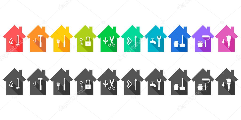 House set with various work tool icons displaying related professions and services. Colorful and gray set, vector illustration isolated on white background.