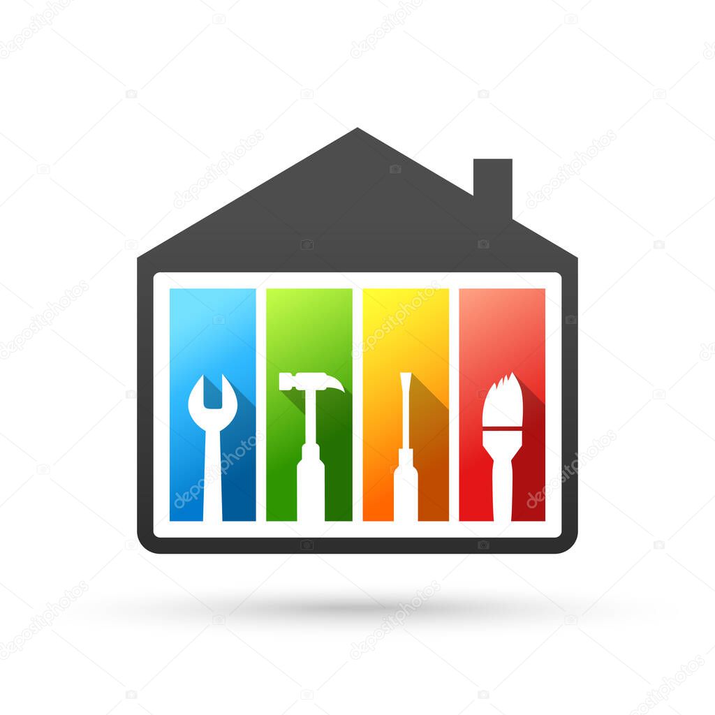 House and work tools concept. Vector illustration in flat design isolated on white background.