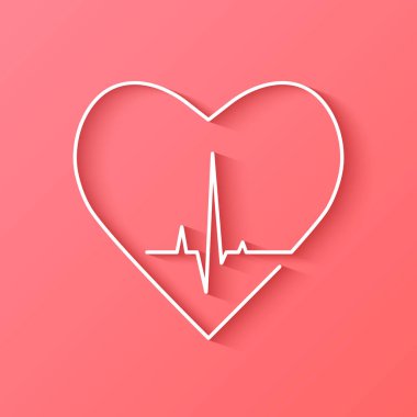 Heart shape outline with heartbeat, rate and pulse line inside. Cardiology, cardiac doctor or health related concept. Vector illustration in flat design with shadow on light red background. clipart