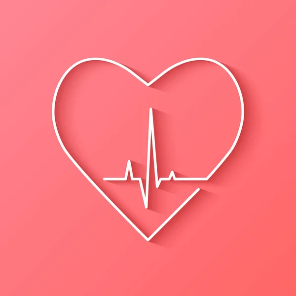 心形轮廓 内有心跳 心率和脉线 心脏科 心脏科医生或与健康有关的概念 浅红色背景阴影平面设计中的矢量图 — 图库矢量图片