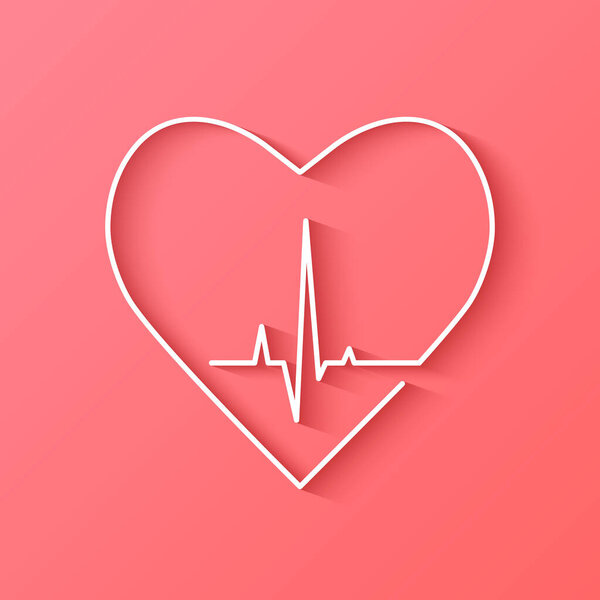 Heart shape outline with heartbeat, rate and pulse line inside. Cardiology, cardiac doctor or health related concept. Vector illustration in flat design with shadow on light red background.