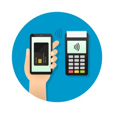 Patlak tasarımda mobil ödeme kavramı olarak POS terminalinin yanındaki kartla el ele tutuşan akıllı telefon