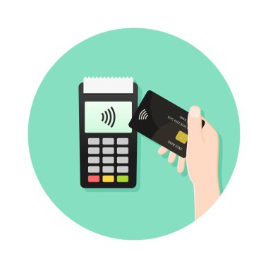 Çıkış sırasında POS (Satış Noktası) terminaline elle giriş kartı ile temassız ödeme kavramı. NFC (Yakın Alan İletişim) teknolojisi, kablosuz ödeme işareti. Daire simgesi düz dizayn.
