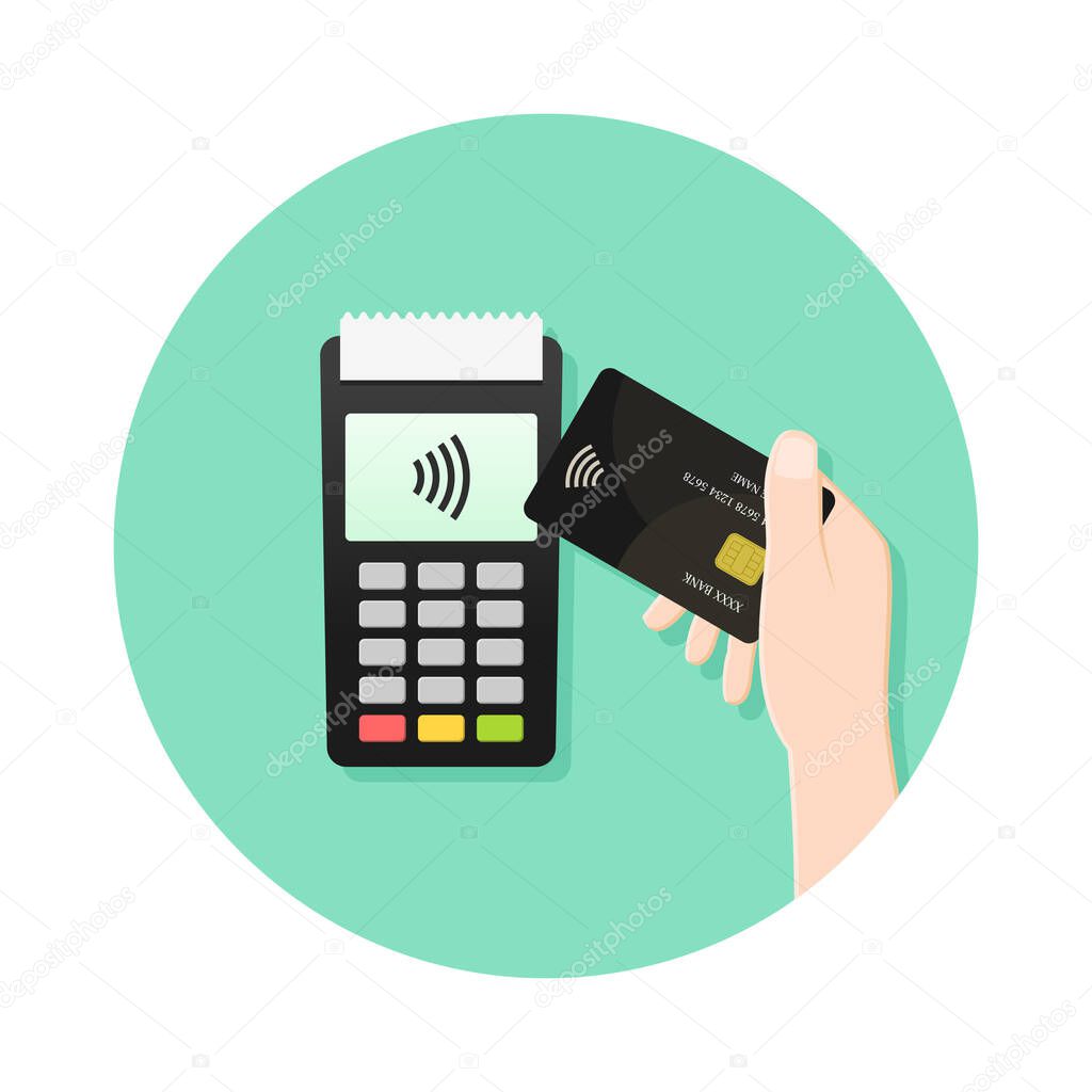 Contactless payment concept with hand tapping card to the POS (Point of sale) terminal during checkout. NFC (Near Field Communciation) technology, wireless payment sign. Circle icon in flat design.