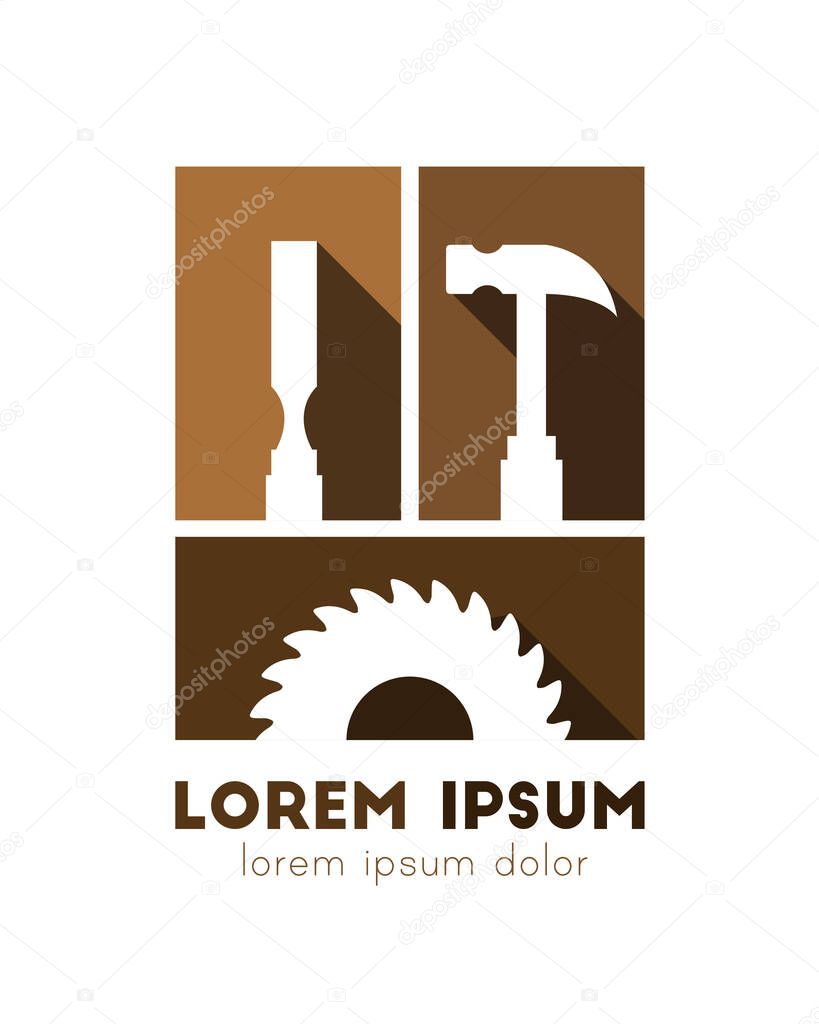 Carpenter and woodworker logo concept. Chisel, hammer and circular saw tools. Simple icons isolated on white background. Vector illustration in flat design.