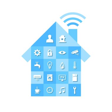 Ev ve otomasyon konsepti. Kablosuz ağ sinyali ve ilgili simgelere sahip otomatik ev.