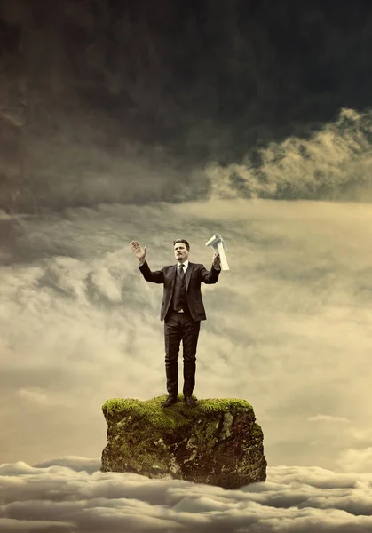 Business Leader Standing High Rock Showing His Vision — Stock Photo, Image