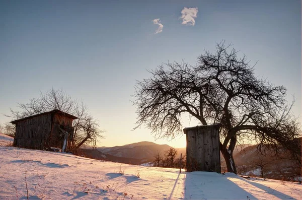 Wooden Village House in Winter Landscape Slovakia