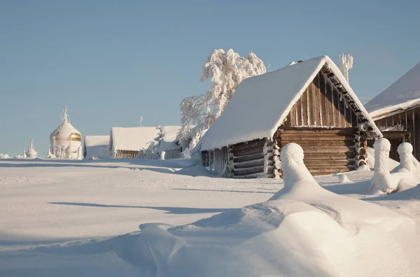 Śnieżna Mroźna Zima Wsi Drzewa Pokryte Śniegiem Żywopłoty Dachy Domów — Zdjęcie stockowe
