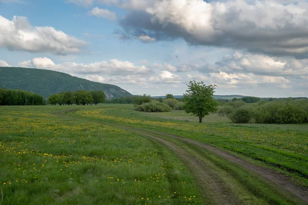 Yalnız Bir Dağla Ilkbahar Manzarası Dağa Giden Bir Yol Nadir — Stok fotoğraf