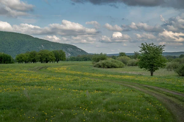 Yalnız Bir Dağla Ilkbahar Manzarası Dağa Giden Bir Yol Nadir — Stok fotoğraf