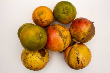 Portakallar ve nar meyveleri beyaz arka planda. Meyve kavramı için kullan.