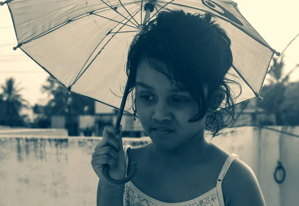 Cute Little Girl Umbrella Sunny Day Monochrome — Stock Photo, Image