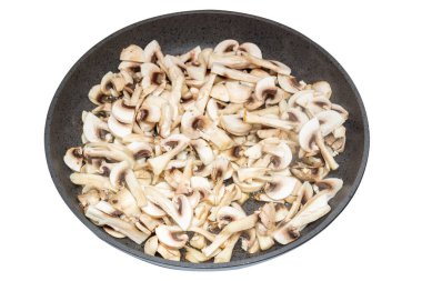 Kızarmış şampiyon mantarları tavada, beyaz arka planda izole edilmiş.